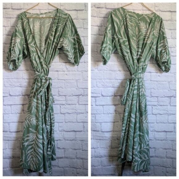 Summersalt The Coastal Poplin Puff Sleeve Wrap Midi Dress 2XL Green White Preppy - Picture 2 of 7